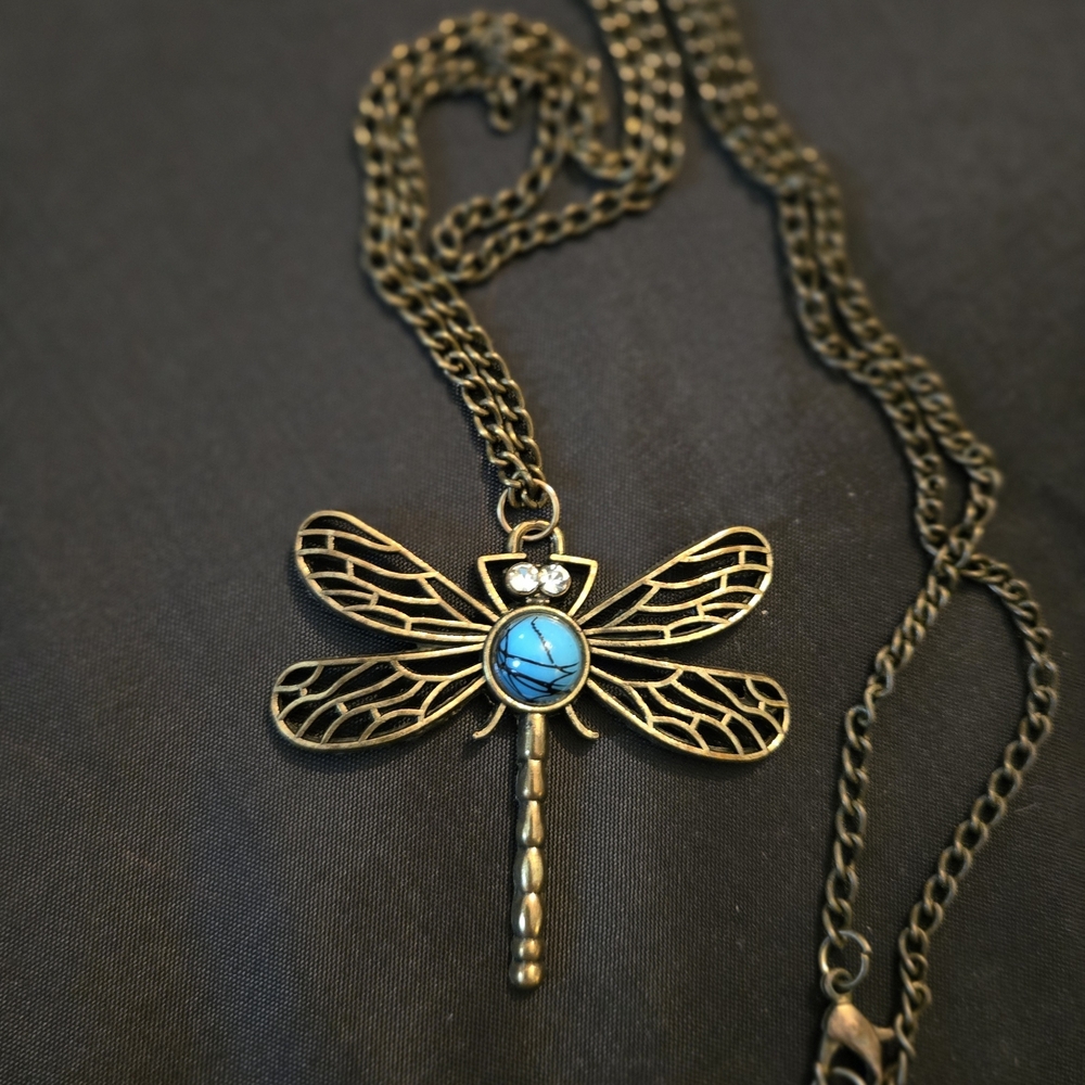 Gold Dragonfly Pendant Necklace with Turquoise Accent - Picture 4 of 5
